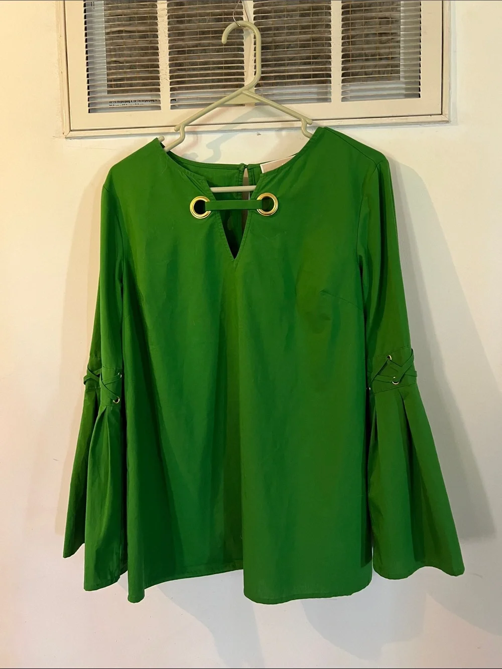 Green Bell-Sleeve Top with Grommet Detail